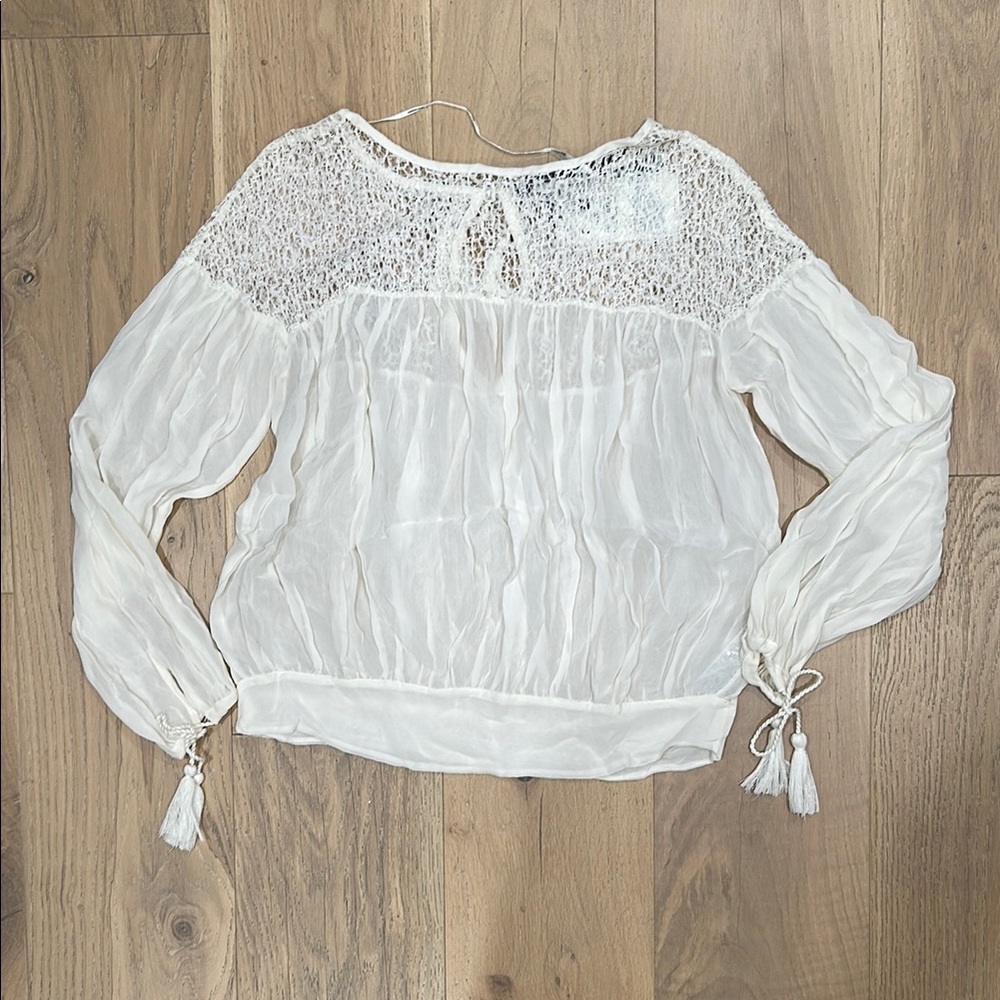 Zara White Ruched, Lace Detail Tie Back Sheer Blouse